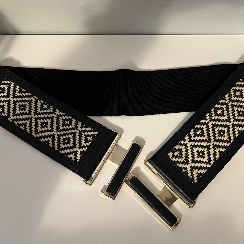Black & Cream Geometric Elastic Stretch Belt - Size Medium